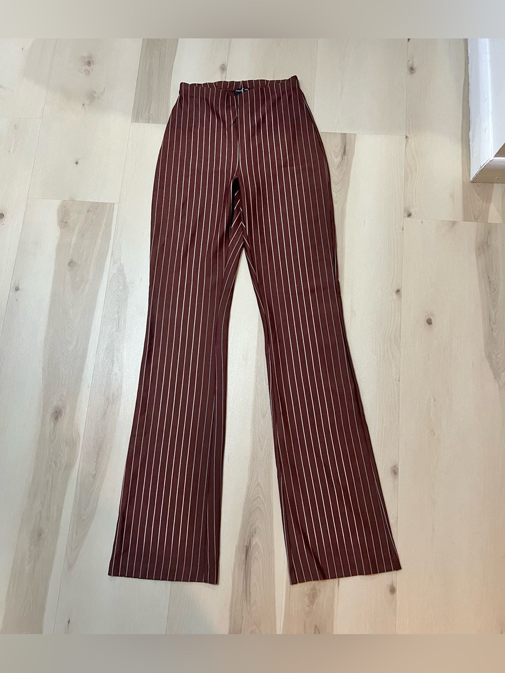 Naked Wardrobe New Women Small Brown White Pinstripe High Waist Bootcut Pants